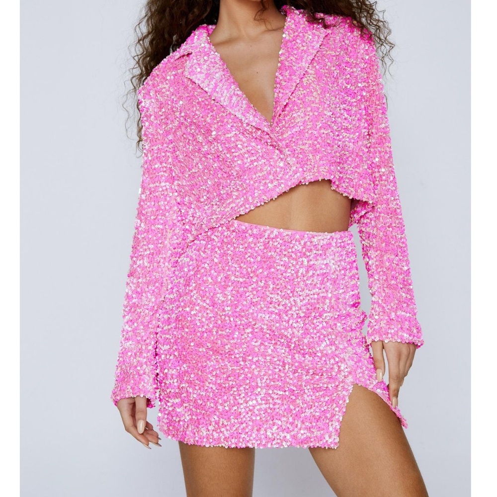 Pink Sequin Crop Blazer and Skirt Set